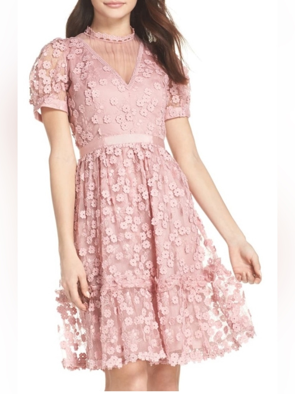 French Connection Pink Floral Lace Midi Dress